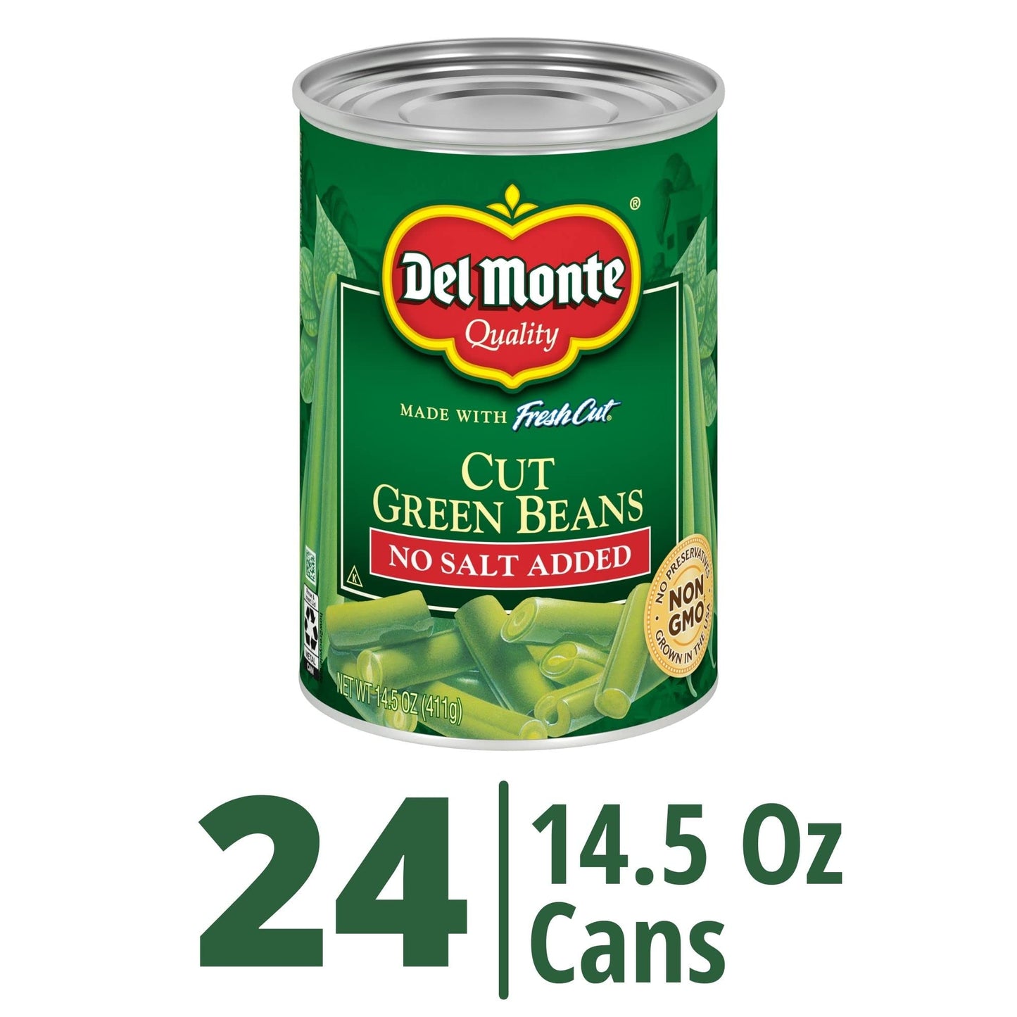 Del Monte FRESH CUT BLUE LAKE Cut Green Beans, No Salt Added Canned Vegetables, 24 Pack,14.5 oz Can