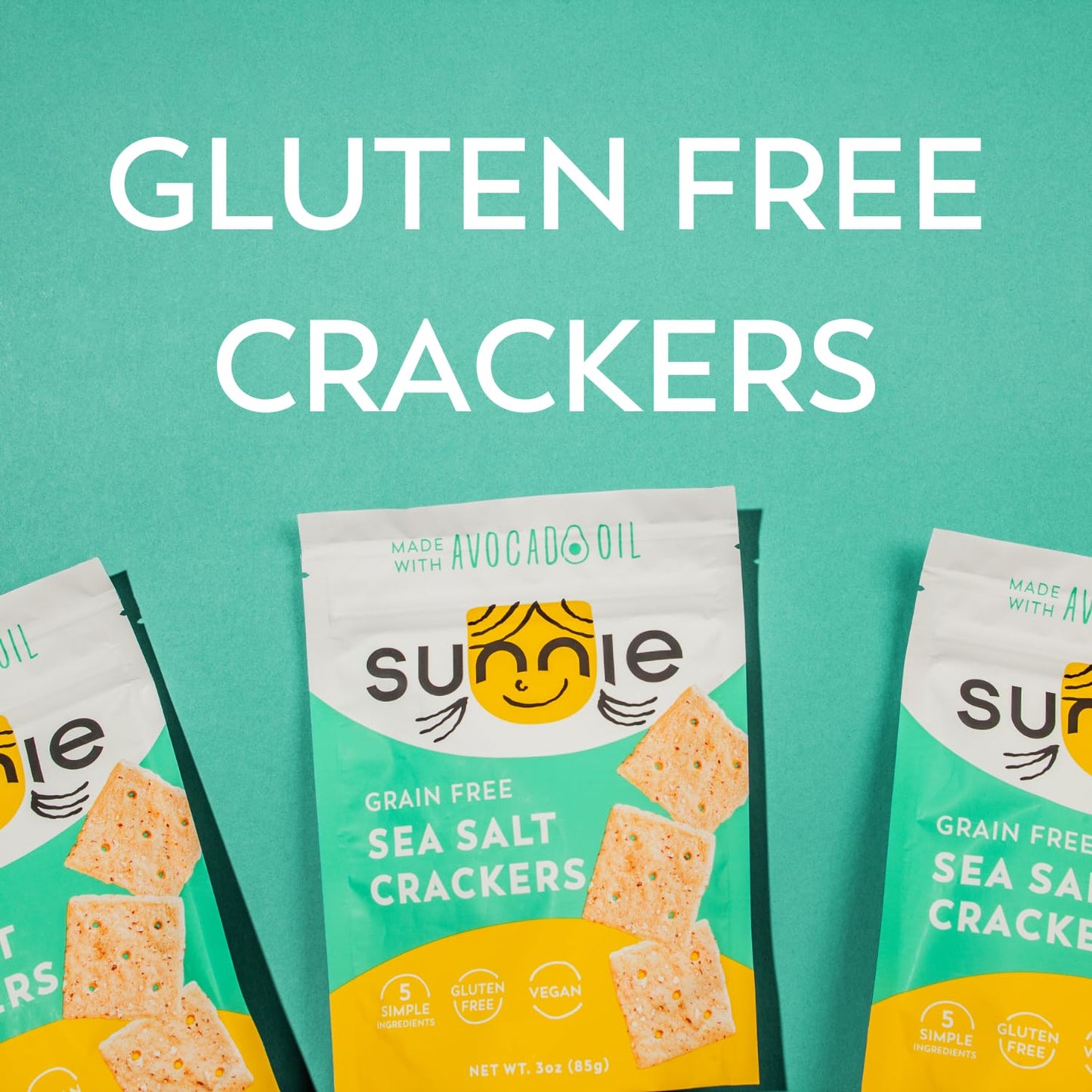 Sunnie Gluten Free Crackers - Healthy Grain Free Sea Salt Crackers - Snacks For Kids & Adults - Made With Avocado Oil, Only 5 In