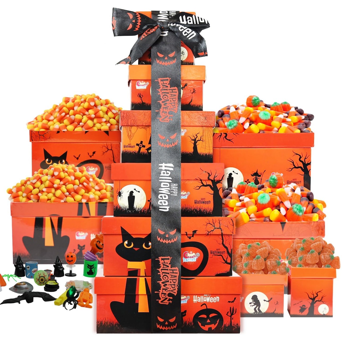 Sarahs Candy Factory Halloween Tower Box With Ribbon – 6 Tier Gift Box With Candy Corn, Autumn Mix, Indian Candy Corn, Jelly Pumpkins And 20 Fun Toys, Individually Wrapped Treat Packs