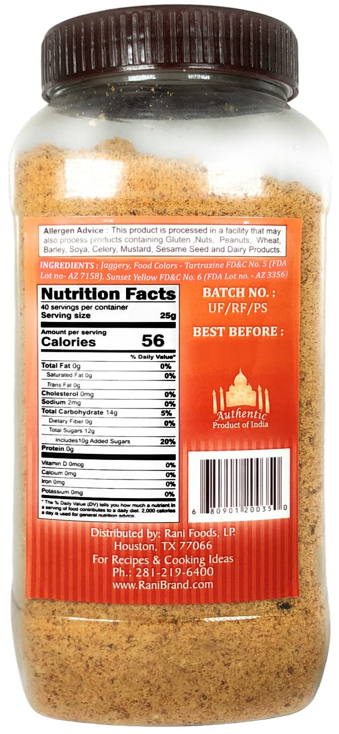 Rani Punjabi Shakkar (Gur Jaggery Powder) Indian Unrefined Raw Cane Sugar 35oz (2.2lbs) 1kg PET Jar ~ Gluten Friendly | Vegan |