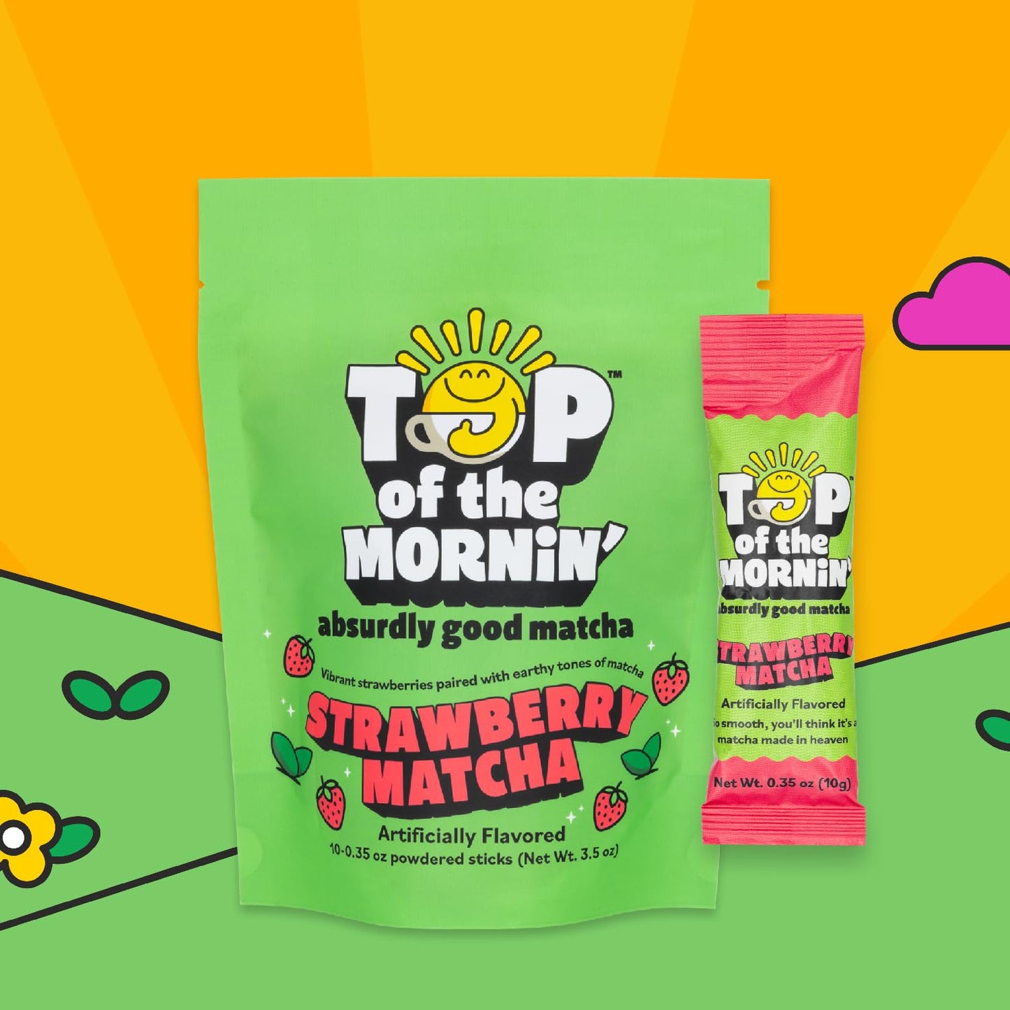 Top Of The Mornin' Green Tea Matcha Latte, 10 Individual Packets Of Flavored Matcha, Enjoy Hot Or Cold, Single Serve Mix (Strawb