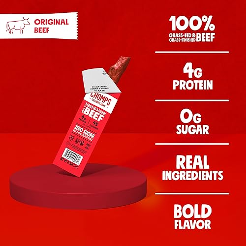 Chomps Beef Jerky Snack Sticks, Grass-Fed, Gluten-Free, 24-Pack, 0.5oz Each, Keto, Paleo, Non-GMO, Red
