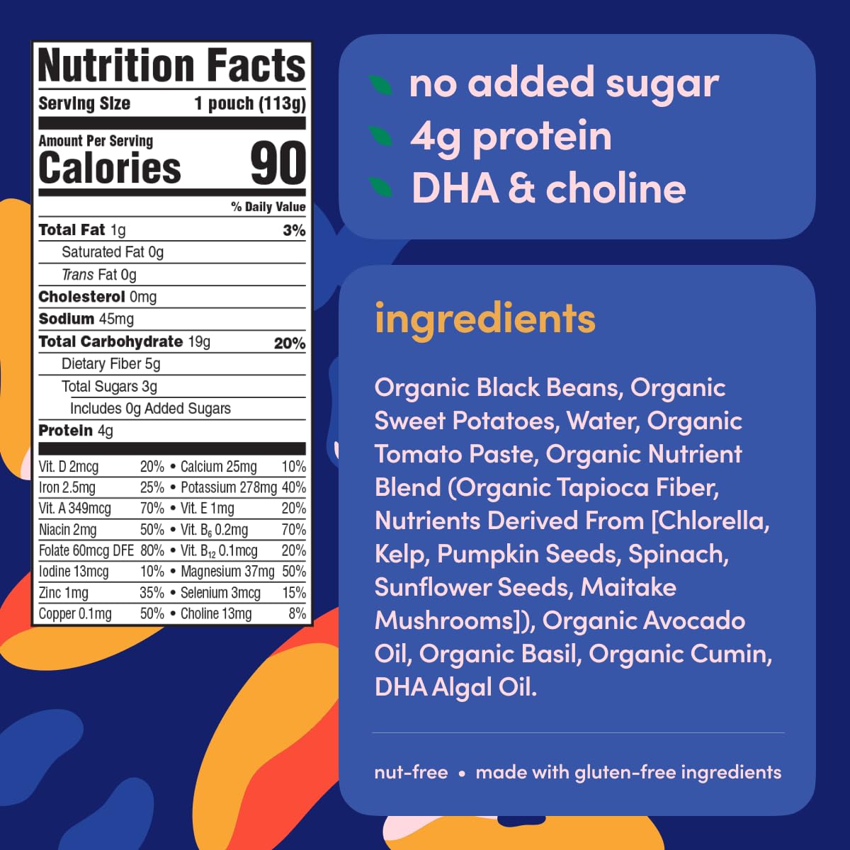 Cerebelly Organic Baby Food Pouches, Black Bean Sweet Potato Purees, 16 Nutrients, No Added Sugar & Non-GMO Toddler Snacks, 4 oz