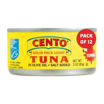 Cento Solid Pack Light Tuna in Olive Oil, High Protein, Wild Caught, 3 Oz (Pack of 12)
