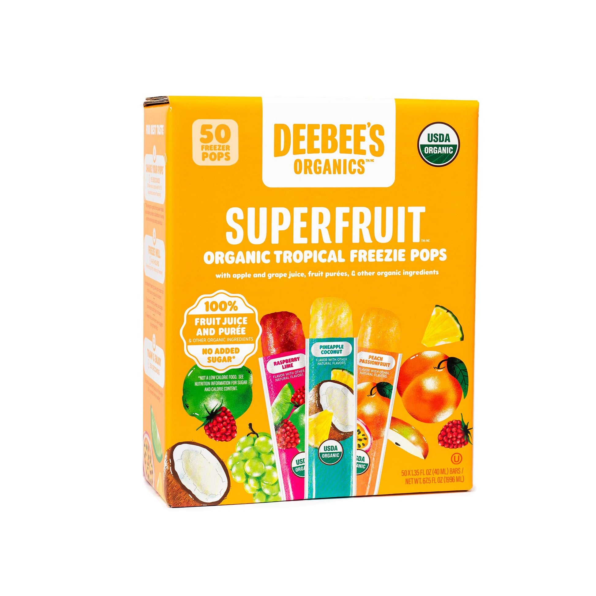 Deebees Organics Tropical Superfruit Freezie Pops, No Added Sugars, No Artificial Flavors Or Colors (Pack Of 50)