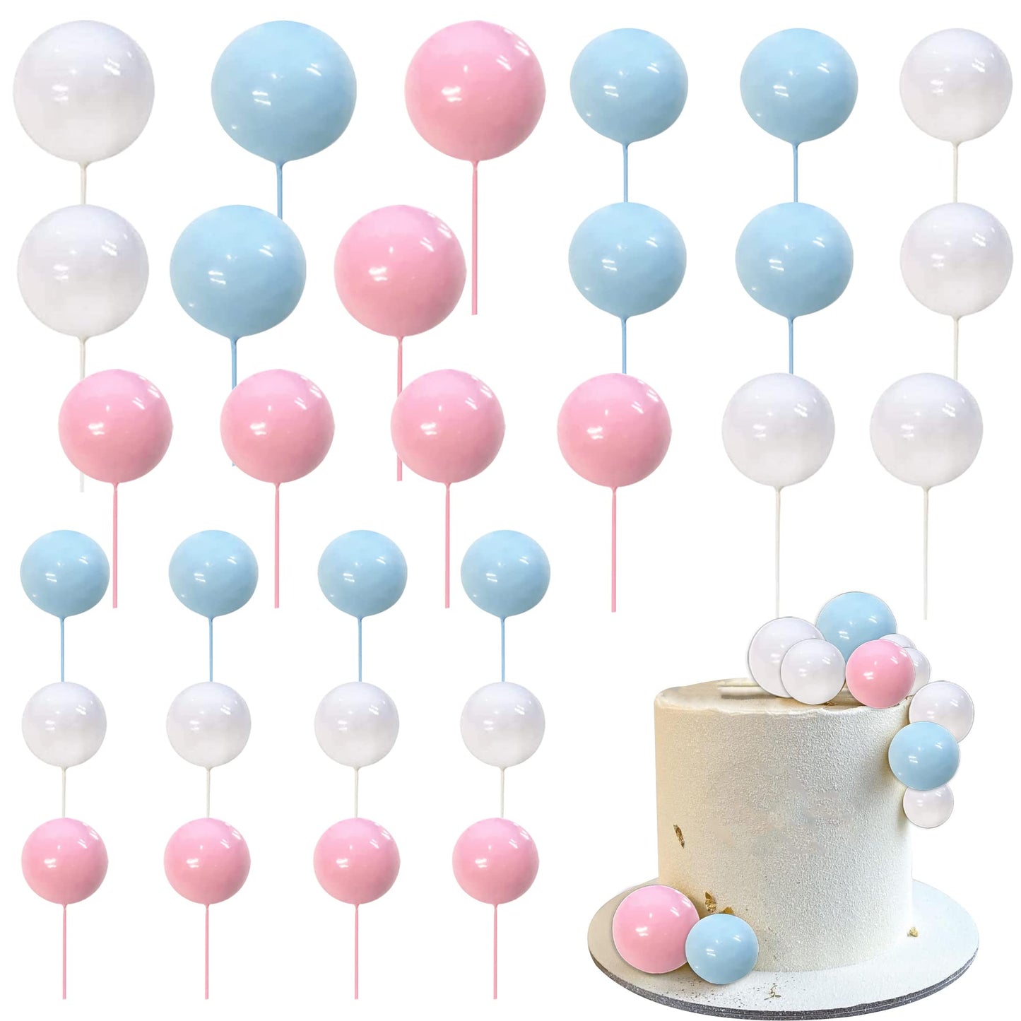 Rsstarxi Foam Ball Cake Toppers - 30 PCS Mini Balloon Picks, 1.4 to 0.7 Sizes, White Pink Blue for Baby Shower, Wedding, Birthday Decor