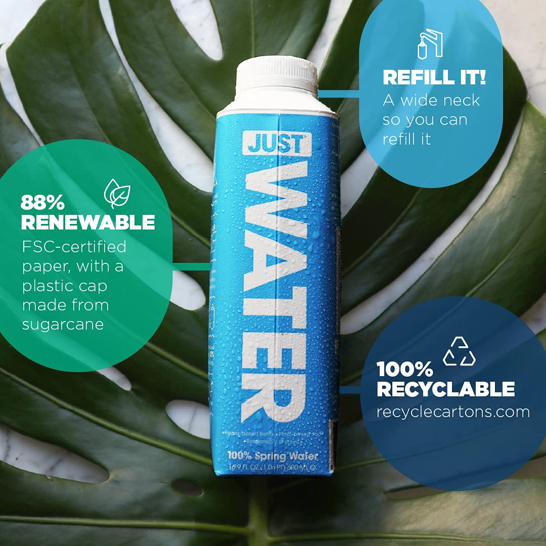 JUST Water, Premium Pure Still Spring Water in an Eco-Friendly BPA Free Plant-Based Bottle - Naturally Alkaline, High 8.0 pH - F