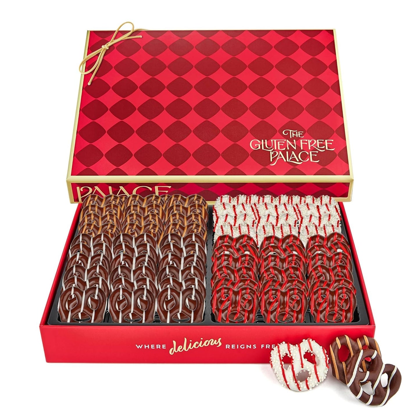 GLUTEN FREE PALACE Chocolate Covered Pretzels Gift Basket - Gluten Free Snack - 1 Count - Easter & Purim Treats - 4 Flavors