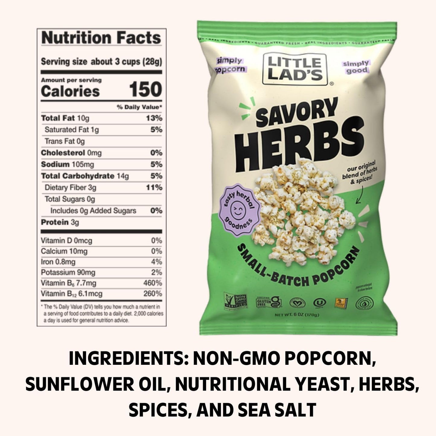 Little Lads Healthy Popcorn (Savory Herbs) - Vegan, Gluten-Free, Non-Gmo Herb & Spice Blend Popcorn With Savory Herb Flavor - 6.