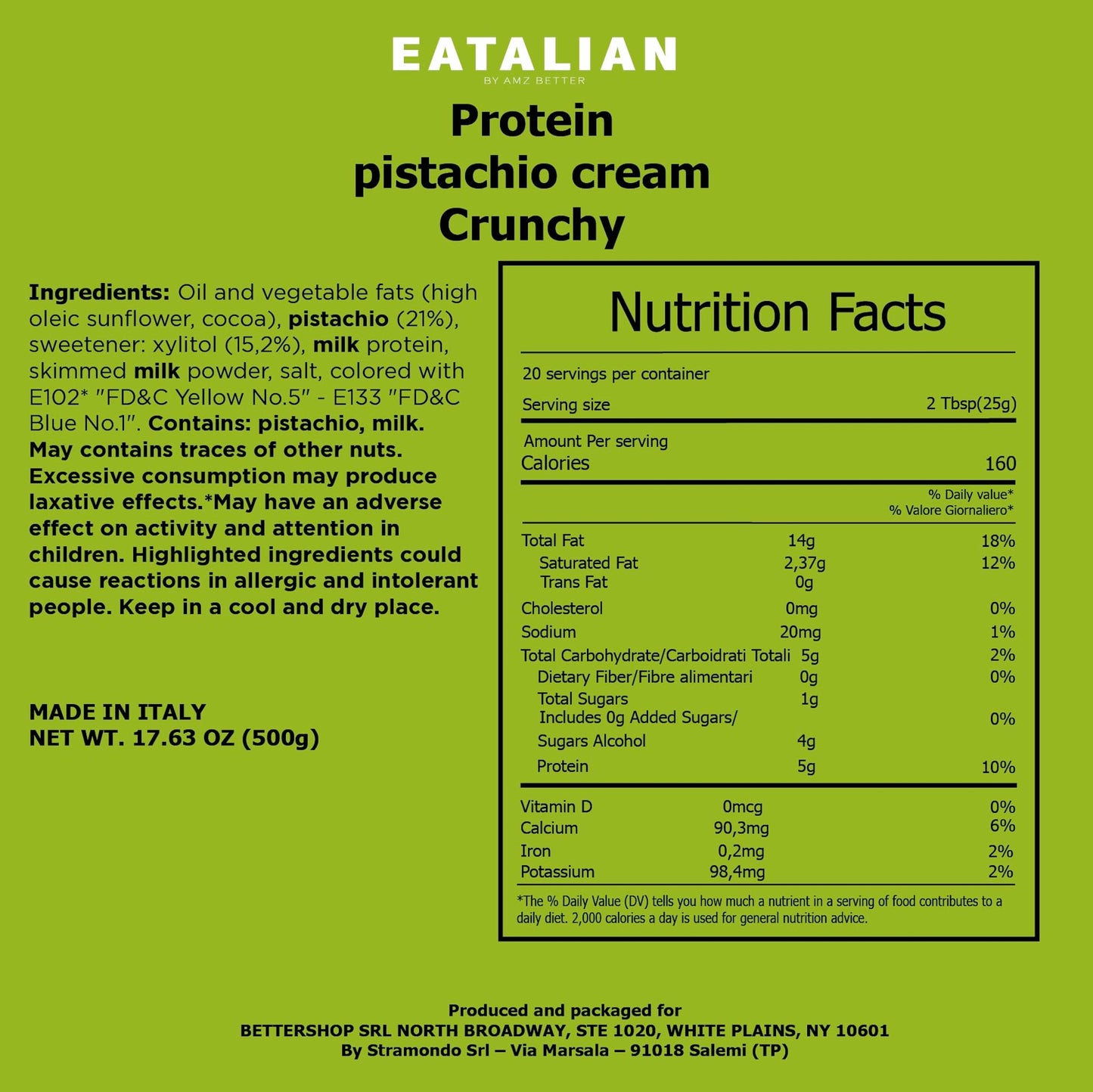 Eatalian By Amz Better Spreadable Crunchy Pistachio Protein Cream 17.63 Oz/ 500 Gr, Pistachio Cream With Grains, Protein Paste,