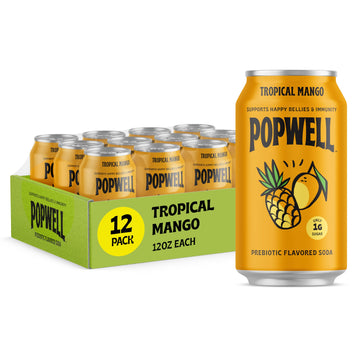 Popwell Tropical Mango Better-For-You Prebiotic Soda, with 6g Fiber, 1g Sugar, Vitamins and Immunity Support, 12 fl oz Cans (pac