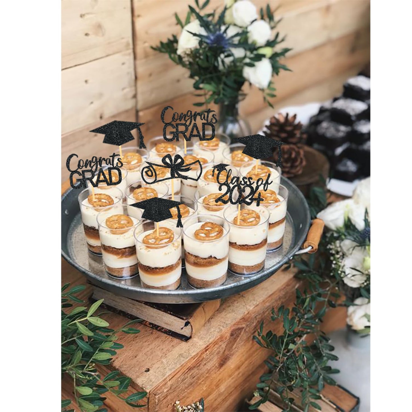 Moitkptt Graduation Cupcake Toppers Set of 24, Black Cardboard, Class of 2025 Decorations, Model fhsh003