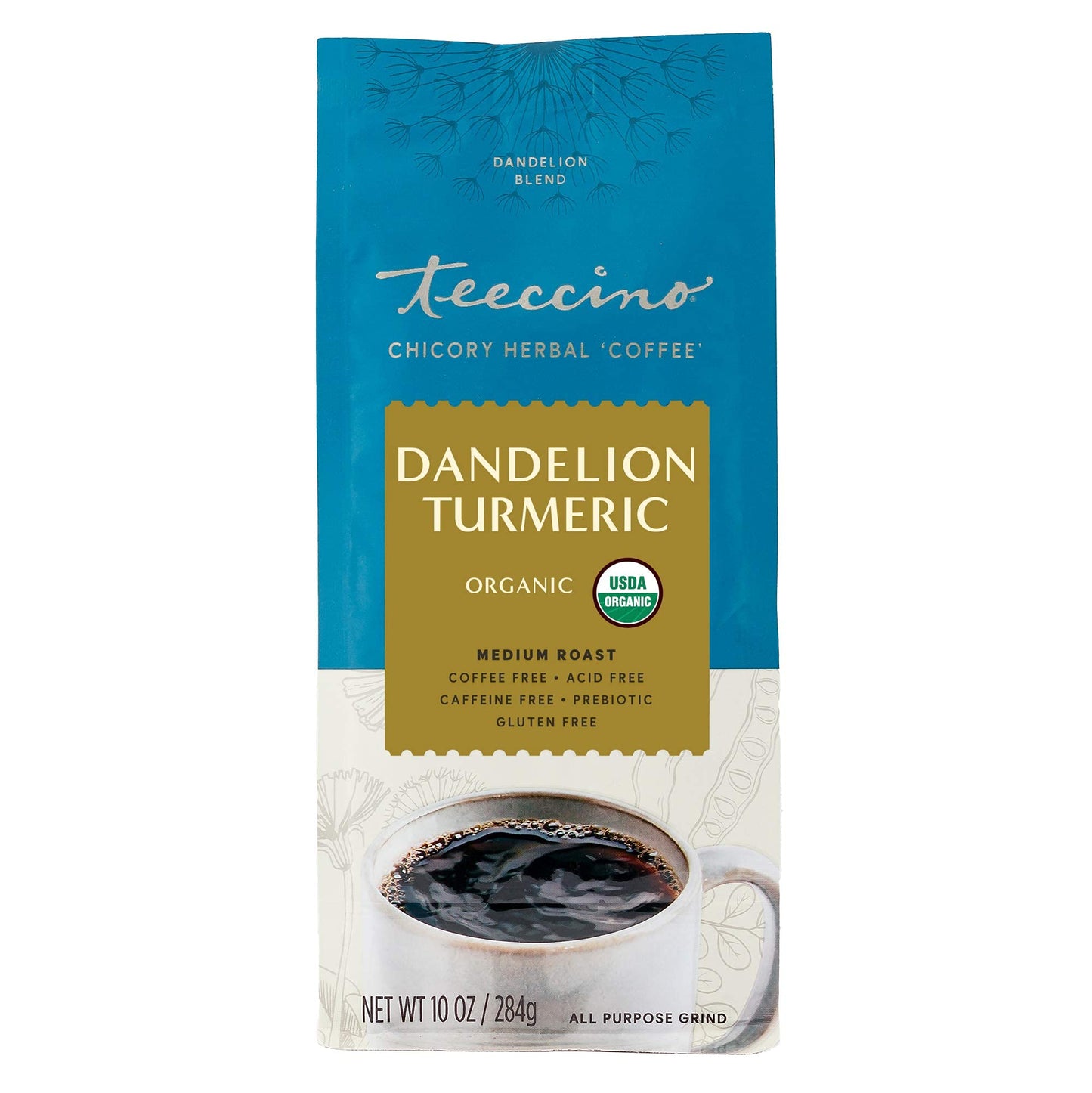 Teeccino Dandelion Turmeric Herbal Coffee - Caffeine-Free, Organic, Medium Roast - 10 oz