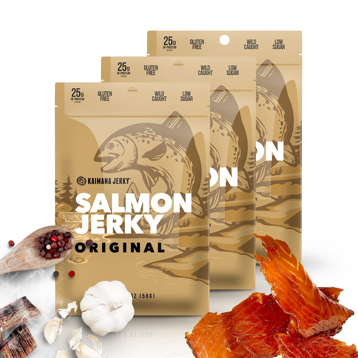 Kaimana Jerky Wild Caught Salmon Jerky - Organic Seafood Snack - Low-Calorie, Gluten-Free - 3 Pack (2 oz Each)
