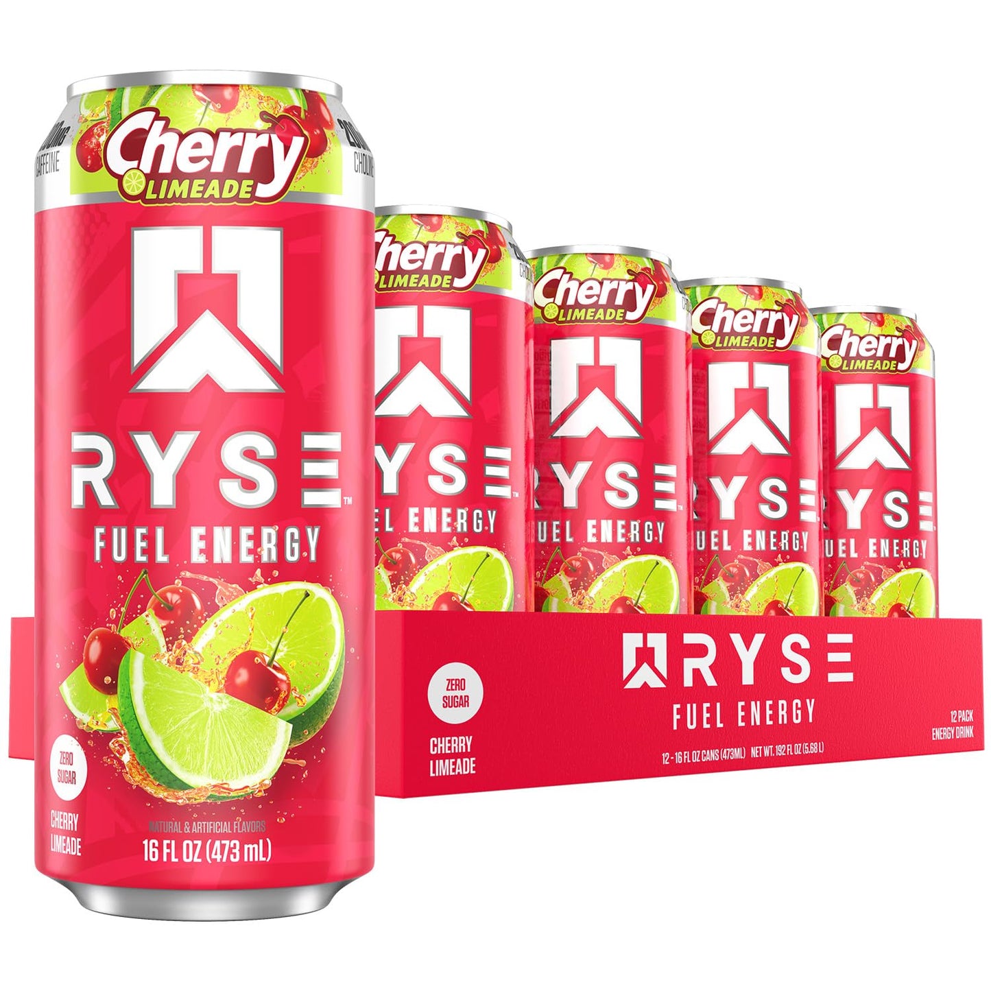 RYSE Fuel Energy Drink - Cherry Limeade - Sugar Free, Vegan - 200mg Caffeine - 16 fl oz Cans (12-Pack)
