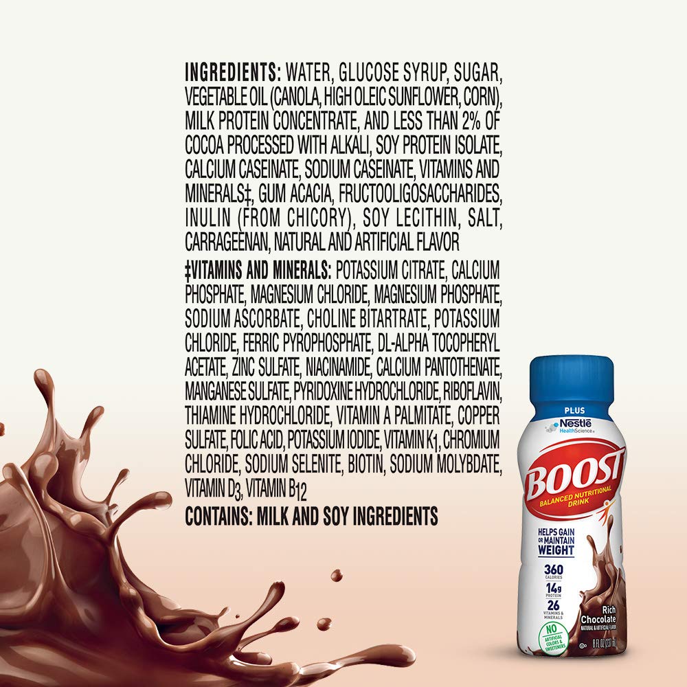 BOOST Complete Nutritional Drink, Rich Chocolate, 8 Fl Oz, Pack of 24, Model 000416792809112