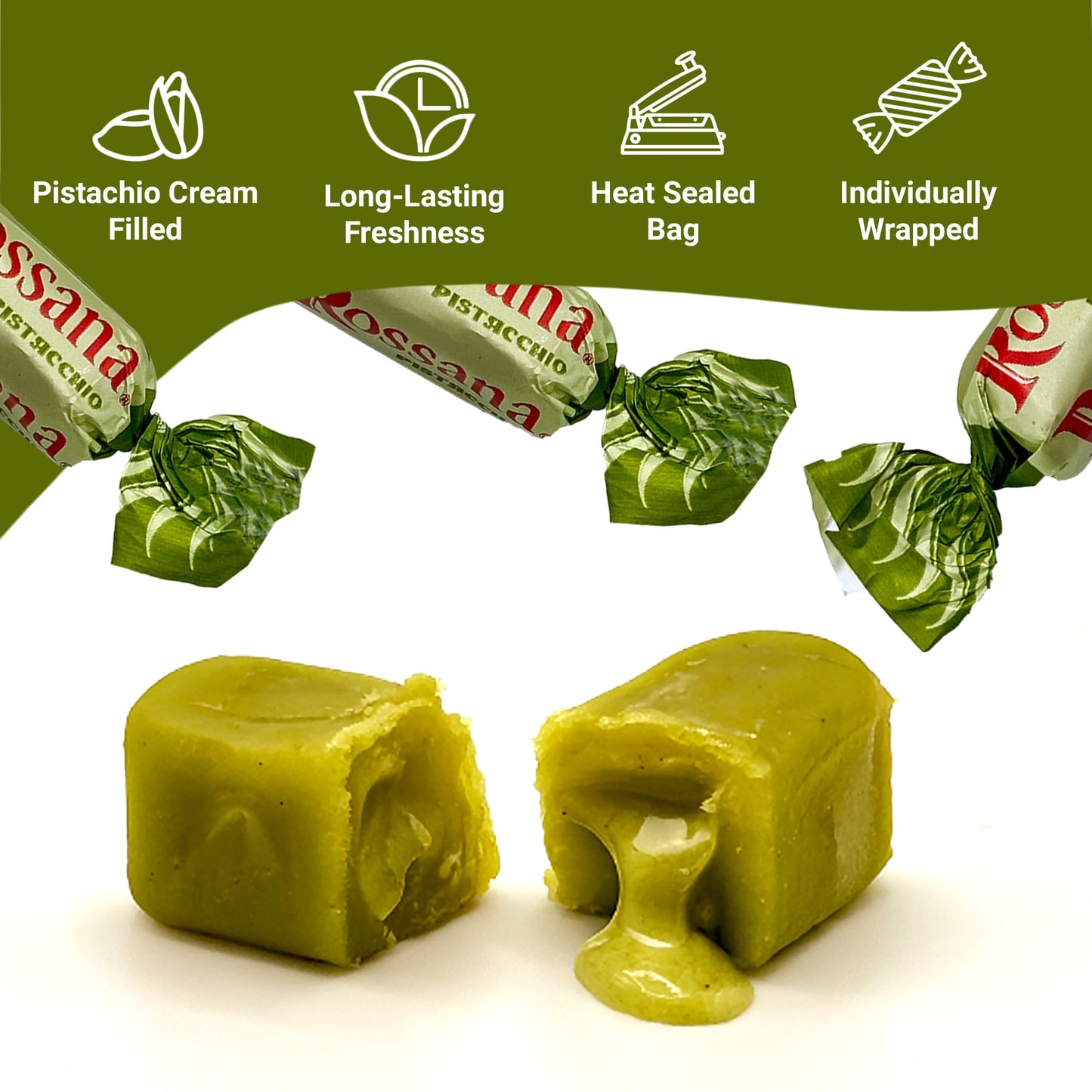 Rossana Pistachio Candy - 1 Pound Bag - Italian Hard Candy Individually Wrapped - Classic Pistachio Treat - Puntini Style Sweets - Authentic Italian Candy from Italy