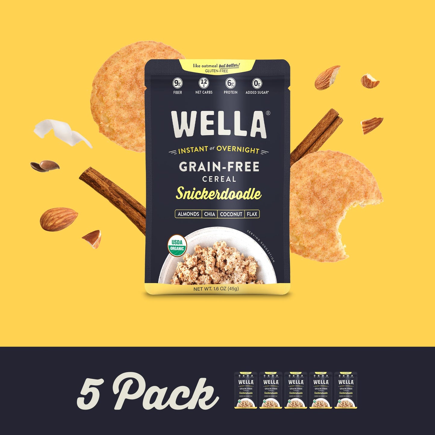 Wella Gluten-Free Oatmeal Alternative Hot Cereal, Snickerdoodle Flavor, 1.6 oz (Pack of 5)