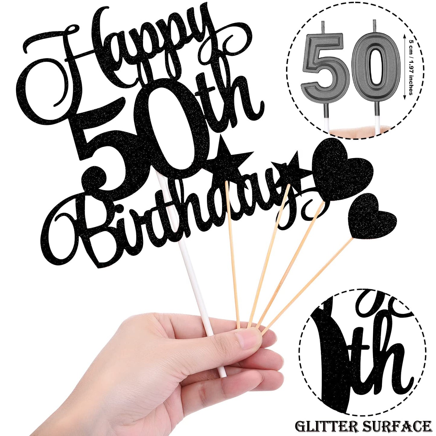 HOGRTi 50th Birthday Cake Decorations Set, Candles & Toppers, Paper, Black Series