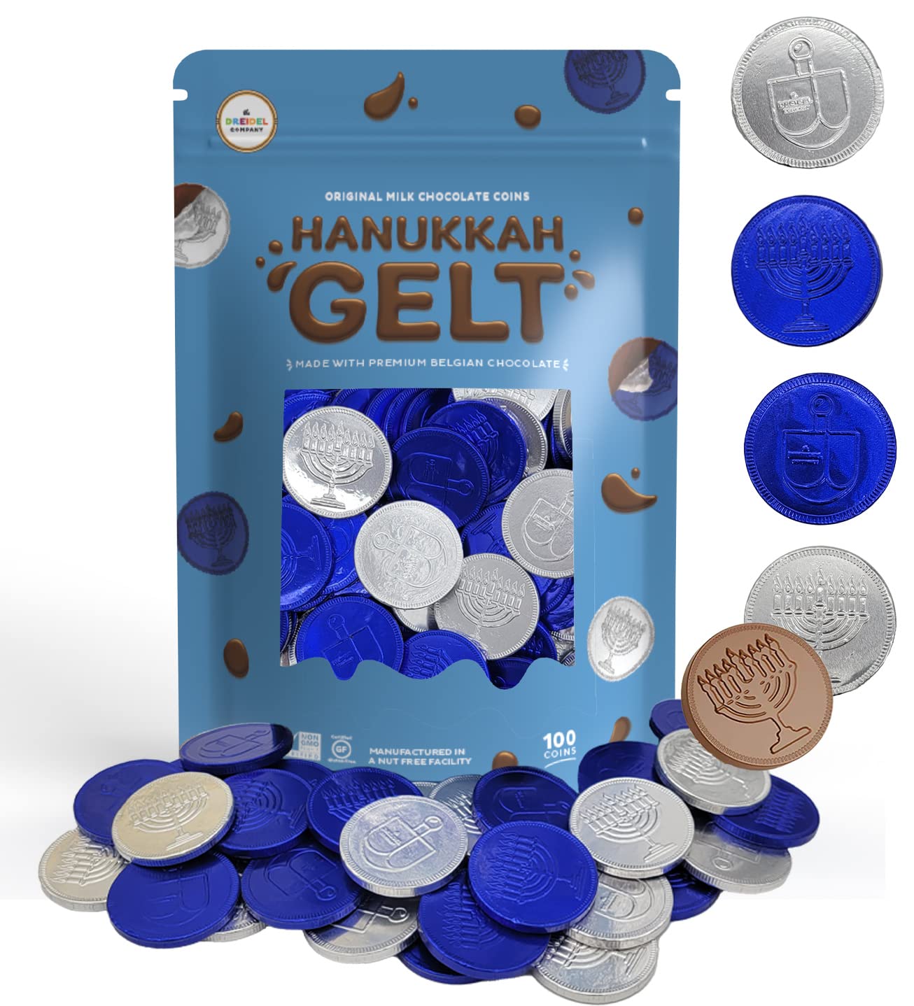 The Dreidel Company Milk Chocolate Coins  Hanukkah Gelt  Blue And Silver Coins  Made With Top-Grade Belgian Chocolate  Nut-Free  Gluten-Free  Non-Gmo  Kosher Certified Dairy (100-Pack)