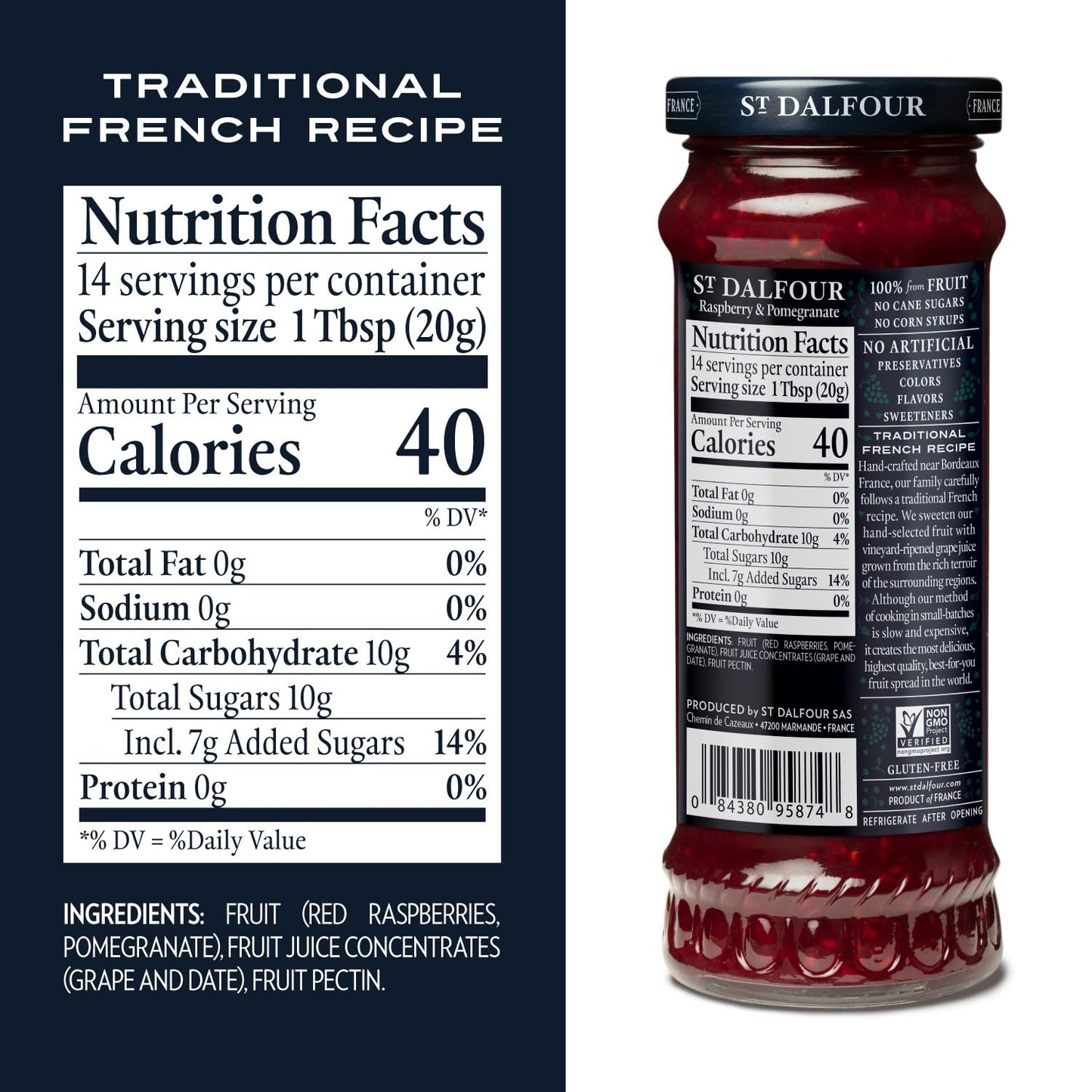 St. Dalfour Raspberry & Pomegranate Fruit Spread - 10Oz - 100% From Fruit, No Artificial Ingredients, Non-Gmo, No Cane Sugars, A