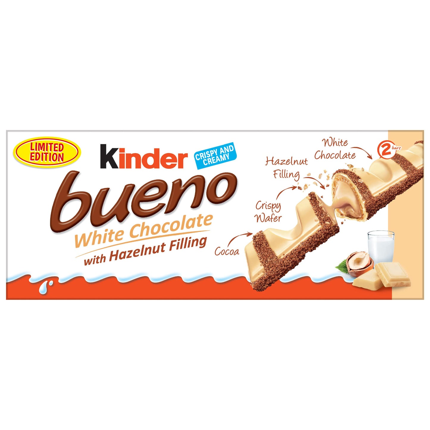 Kinder Bueno White Chocolate Hazelnut Candy Bar, 1.4 oz Each, 30 Pack - Limited Edition