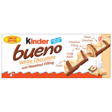Kinder Bueno White Chocolate Hazelnut Candy Bar, 1.4 oz Each, 30 Pack - Limited Edition