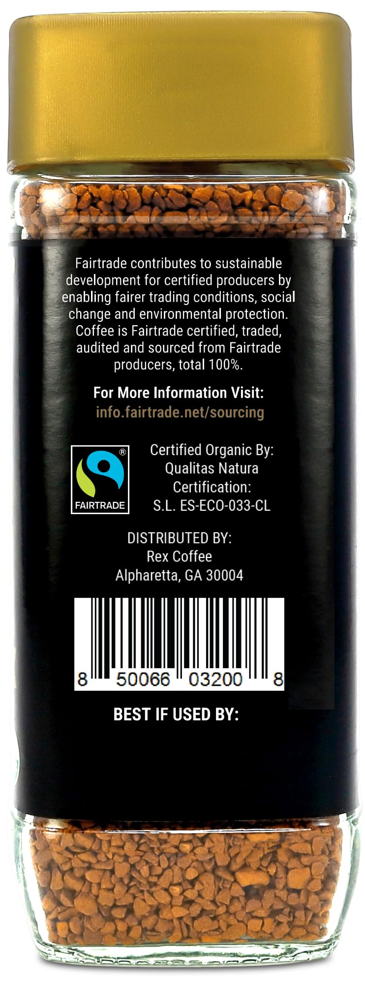 Rex Coffee Organic Fairtrade Freeze-Dried Instant Coffee - Medium Roast Arabica, 3.53 oz Glass Jar (Pack of 12)