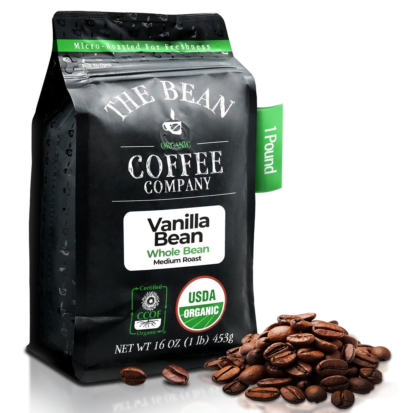 The Bean Organic Coffee Company Vanilla Bean, Medium Roast, Whole Bean Coffee, 16-Ounce Bag