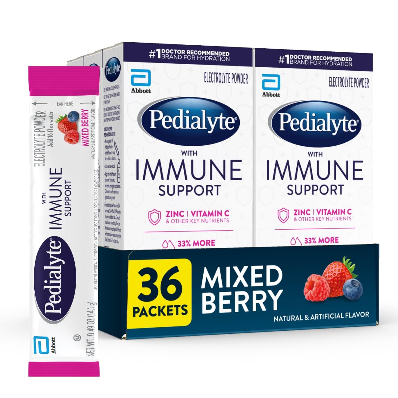 Pedialyte with Immune Support, Electrolyte Drink Powder with Vitamin C and Zinc, Advanced Hydration, Mixed Berry, 36 Powder Pack