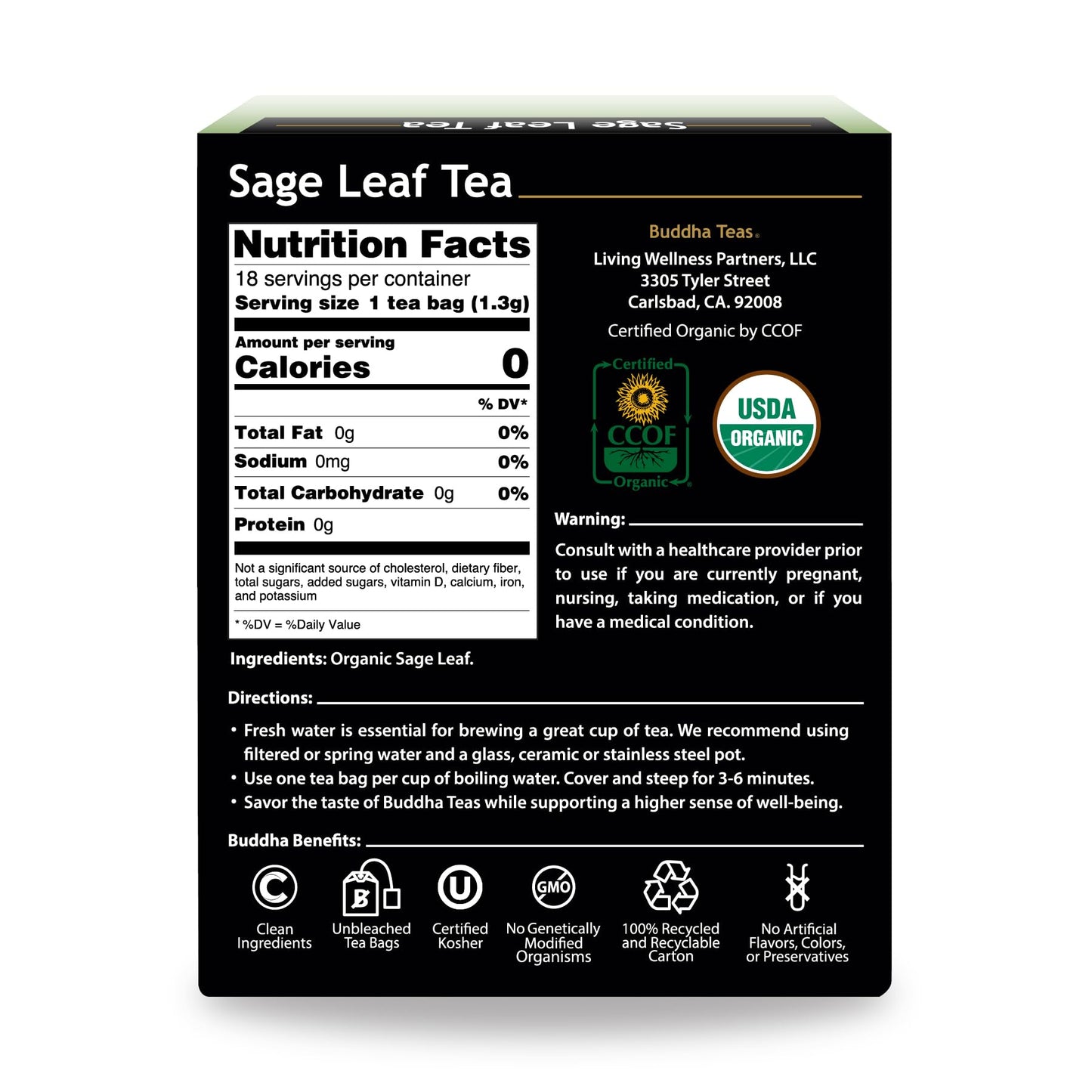 Buddha Teas Organic Sage Leaf Tea - Ou Kosher, Usda Organic, Ccof Organic, 18 Bleach-Free Tea Bags