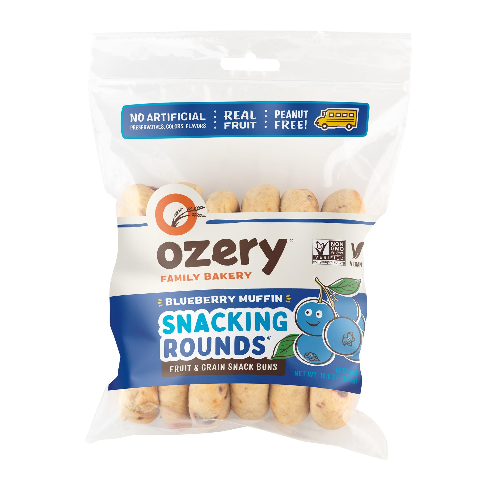 Ozery Bakery Blueberry Muffin Snacking Rounds, Allergen Free, Vegan, Made with Real Fruit, Snack Buns, 12 Buns Per Bag, Pack of 