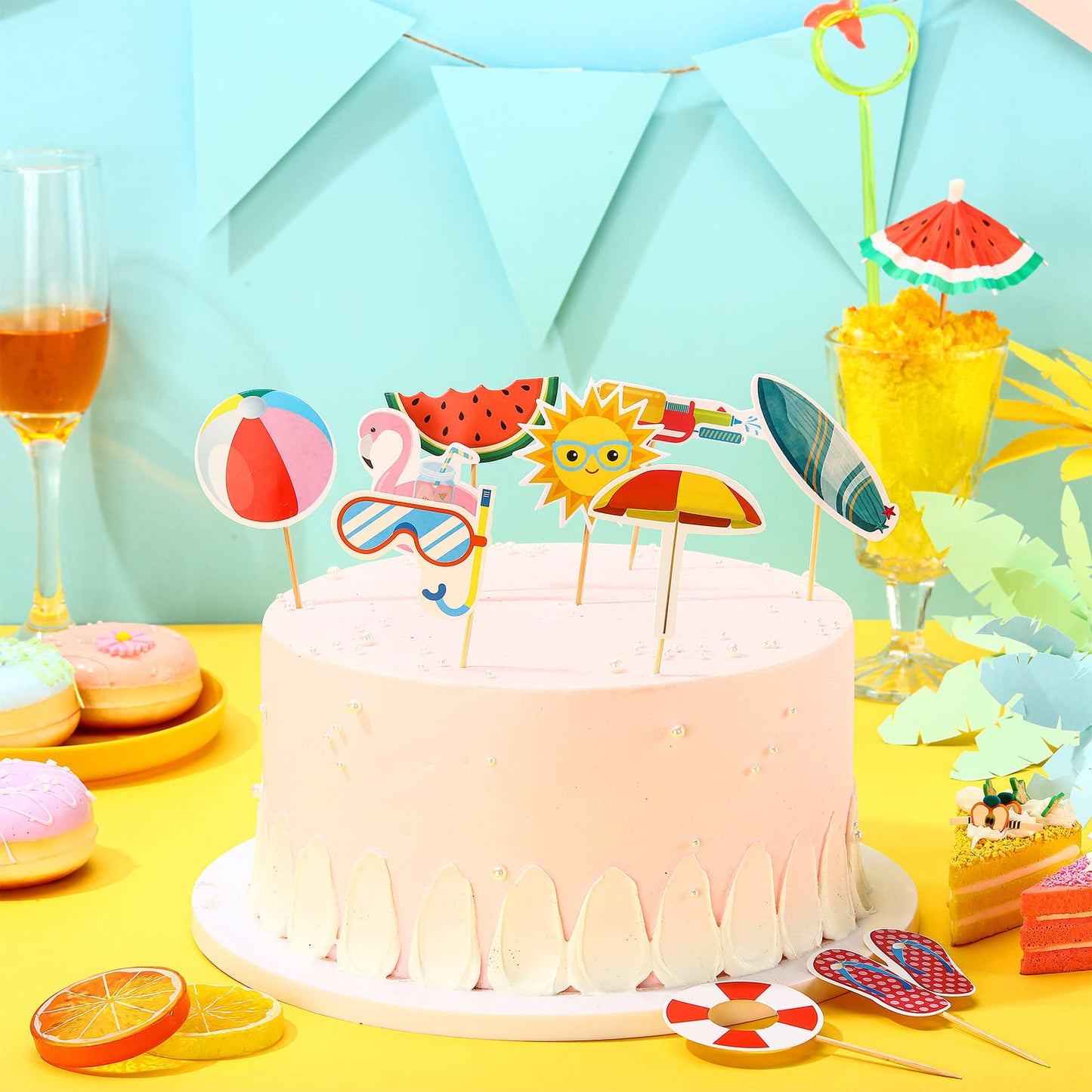 Epakh 100 Pcs Summer Beach Cupcake Toppers Pool Party Hawaiian Theme Cake Picks With Beach Ball Sun Umbrella Goggles Cake Decora