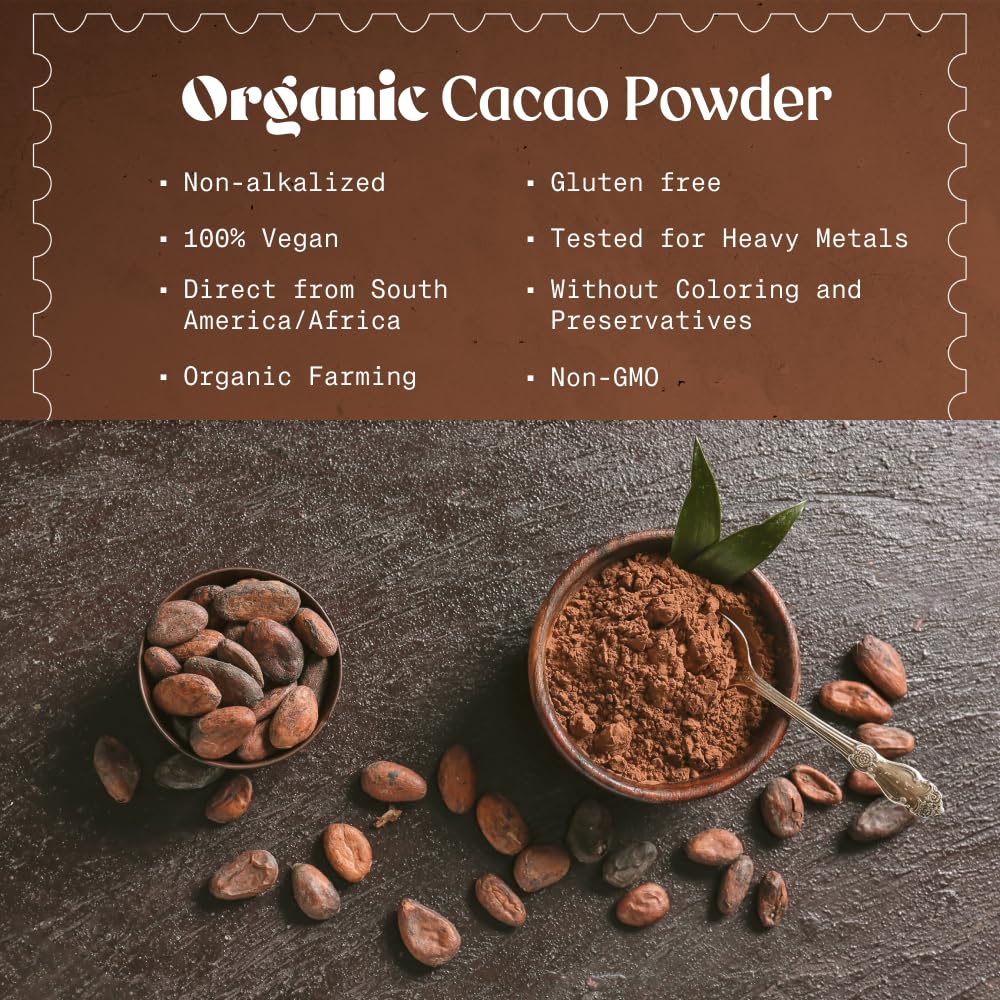 NaturaleBio Cacao Powder Organic 14oz. Unsweetened, Non-Alkalized and Pure. Cocoa Powder Substitute with Rich Dark Chocolate Fla