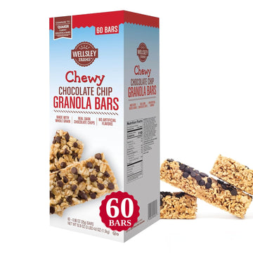 Wellsley Farms Chewy Chocolate Chip Granola Bars - No High-Fructose Corn Syrup - Vegetarian - Whole Grain Granola Bars - 110 Cal