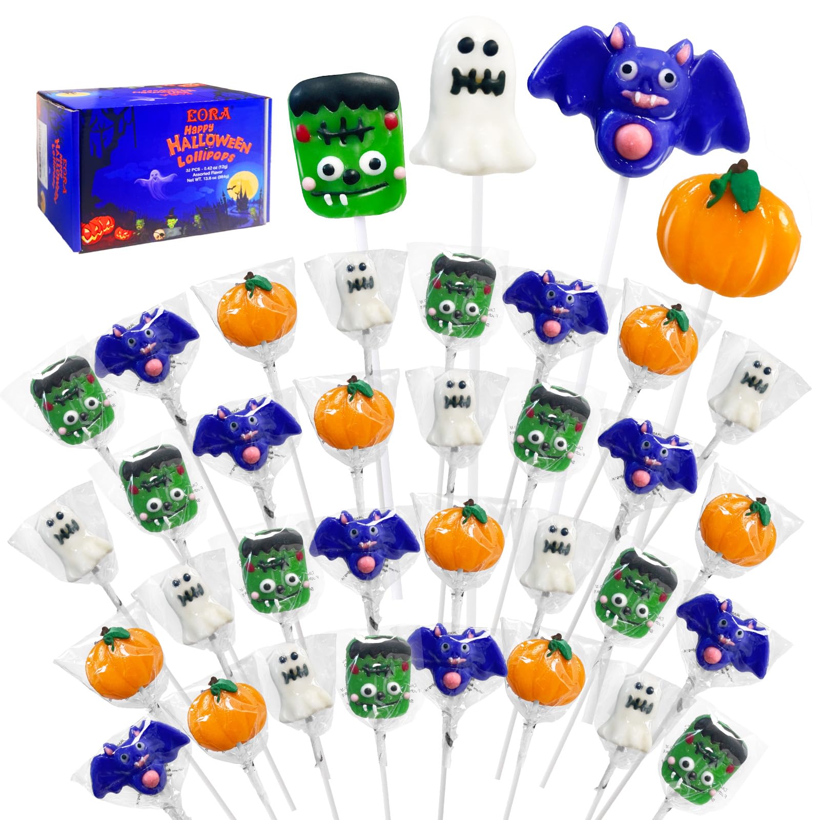 EORA Halloween Lollipop Suckers Candy, 32 Count, Multi, Individually Wrapped, Pumpkin, Green Monster, Bat Candies for Trick or Treat