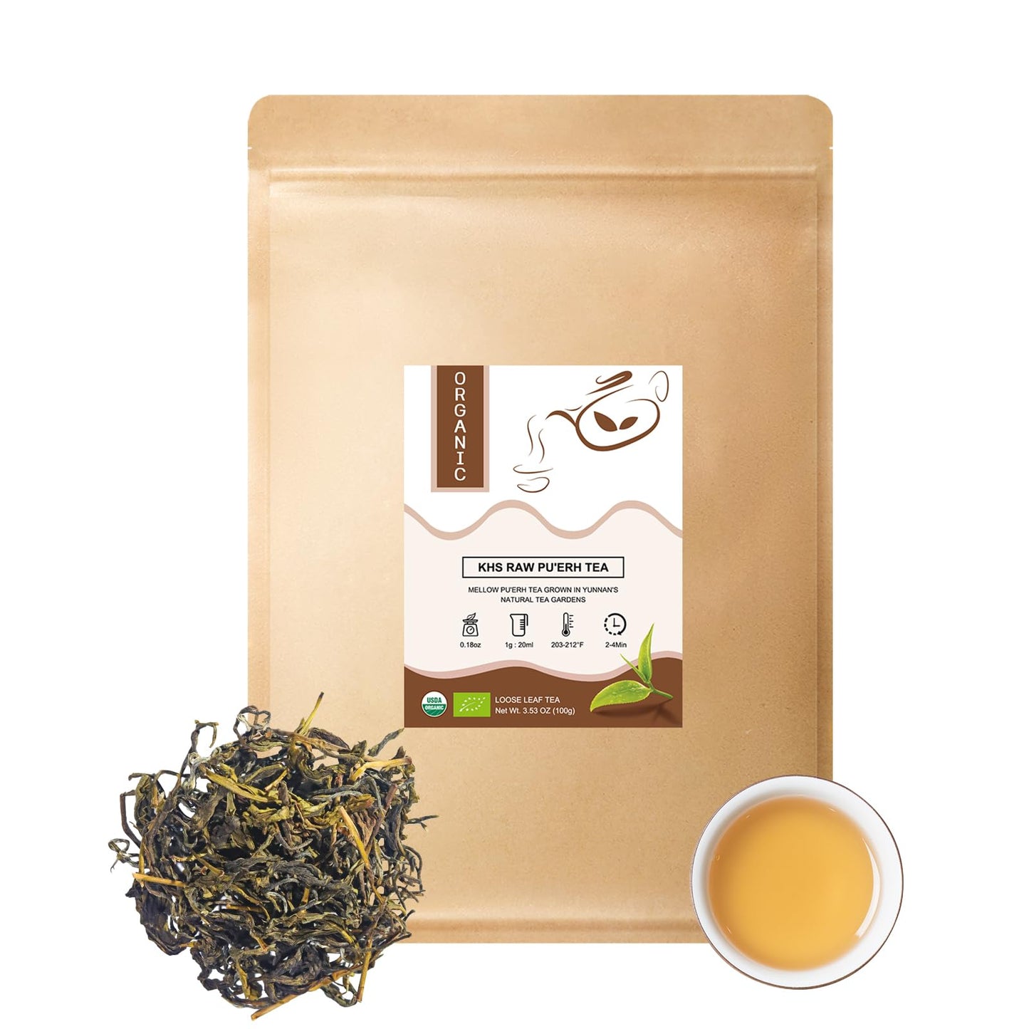 KHS Organic Pu Erh Tea Loose Leaf, USDA Certified, Raw Puerh, 3.5 Oz, Black Tea from Yunnan Ancient Trees