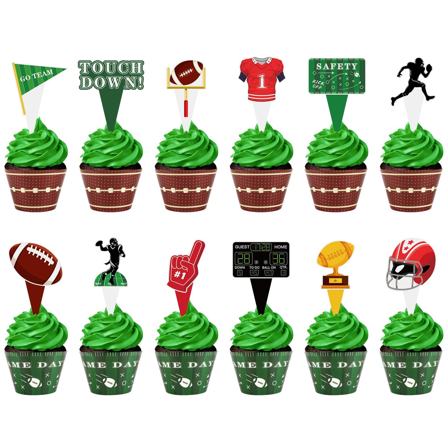 48 Pack Football Cupcake Toppers And Wrappers  Football Rugby Go Team Cake Decoration For Football Theme Birthday Party Sports Game Day Party Supplies