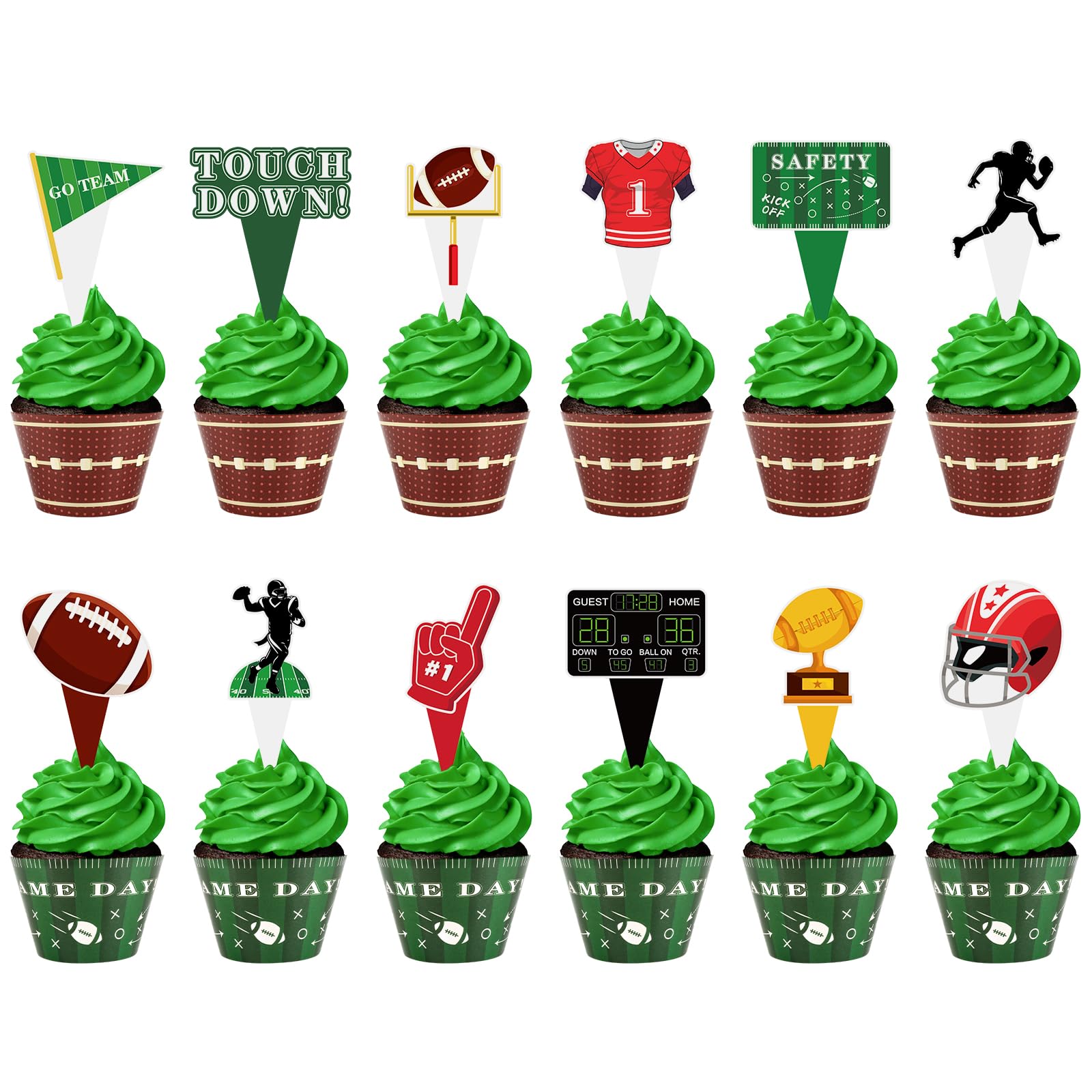 48 Pack Football Cupcake Toppers And Wrappers  Football Rugby Go Team Cake Decoration For Football Theme Birthday Party Sports Game Day Party Supplies