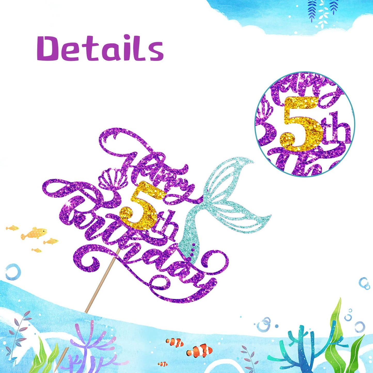 Mermaid 5 Cake Topper, Happy 5Th Birthday Cake Decor For Baby Girl, Little Mermaid 5Th Birthday Party Decoration, Under The Sea