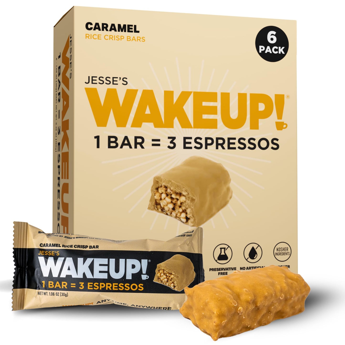 Jesses WakeUP! Caramel Protein Bars - 350mg Caffeine, Gluten-Free, 6 Pack
