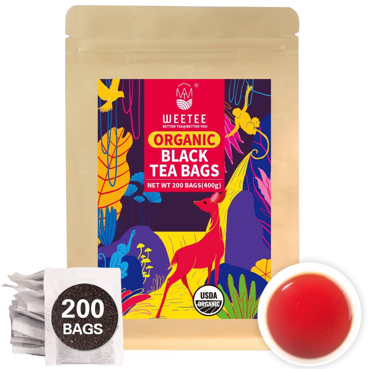 Wt Weetee Organic Black Tea Bags, Organic Black Tea 200 Count, Antioxidant, Caffeinated | Resealable Kraft Bag | Brew Hot Or Iced