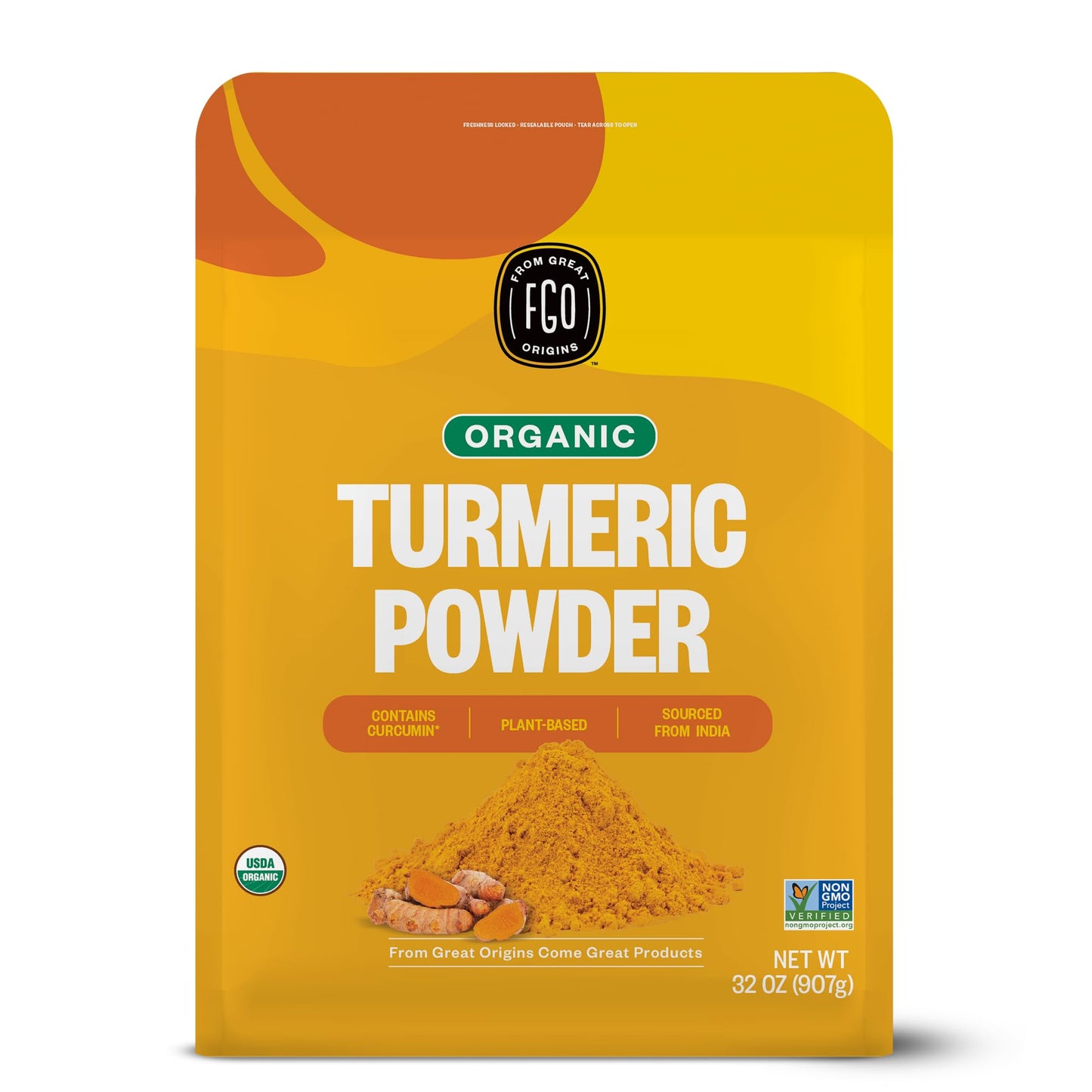 FGO Organic Turmeric Powder w/Curcumin, 2 Pound / 32oz Bulk Resealable Pouch, USDA Organic and Non-GMO, Sourced from India, Pack