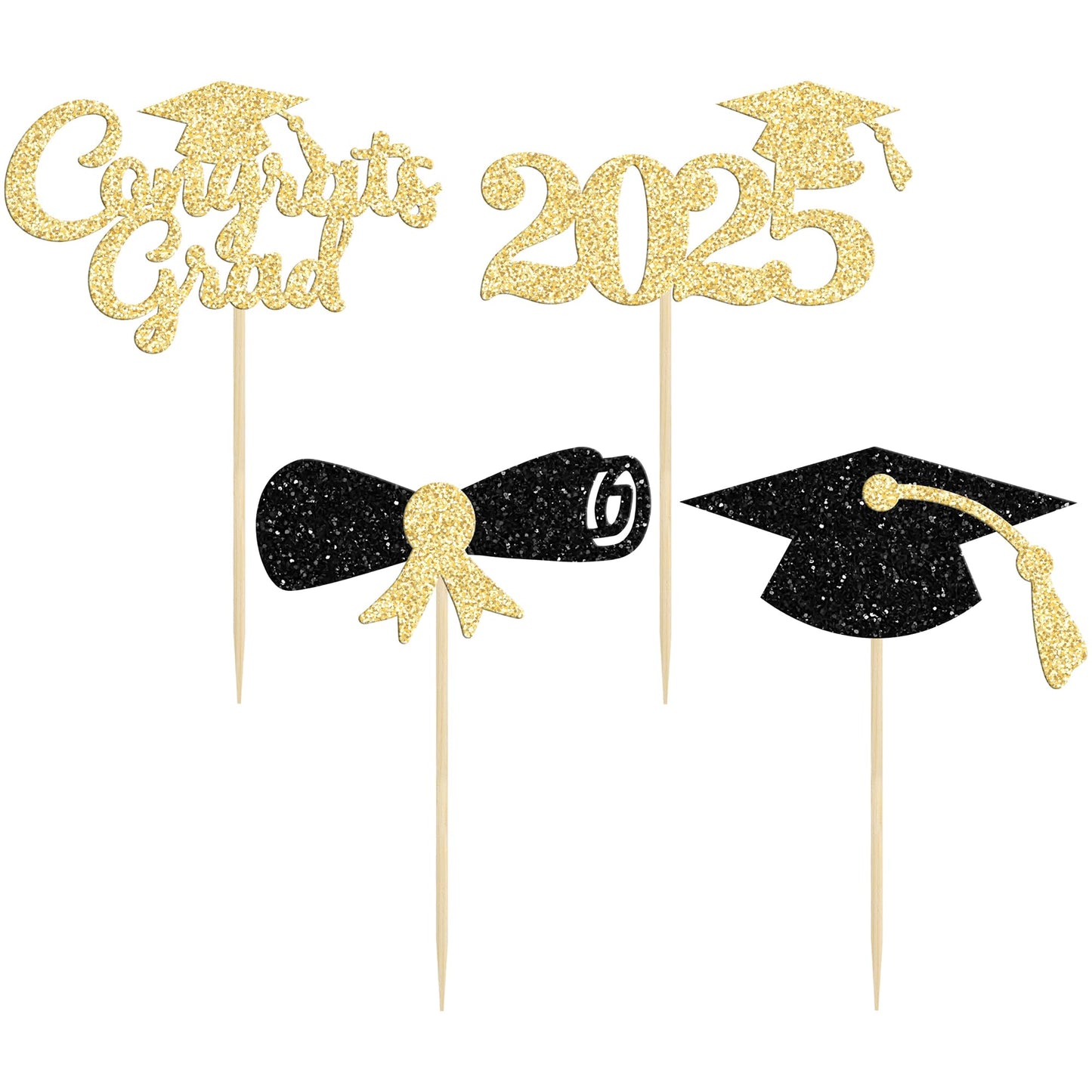Gyufise 24Pcs 2025 Graduation Cupcake Toppers Black Glitter Congrats Grad 2025 Graduation Cap Diploma Cupcake Picks 2025 Graduat