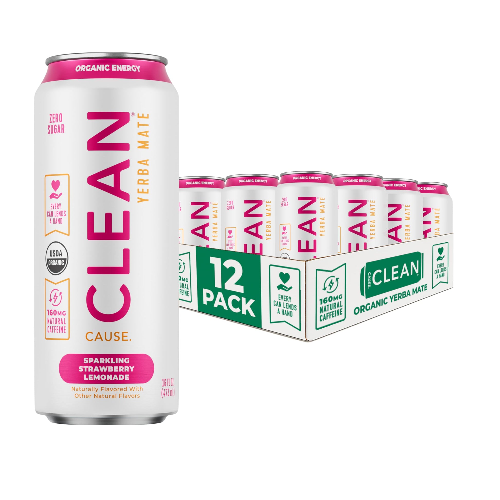 NEW CLEAN Cause Zero Sugar Strawberry Lemonade Yerba Mate Tea Sparkling  USDA Organic Energy Drink Alternative  Zero Calorie  160mg Natural Caffeine  Soda Alternative (16oz cans  12-Pack Case)