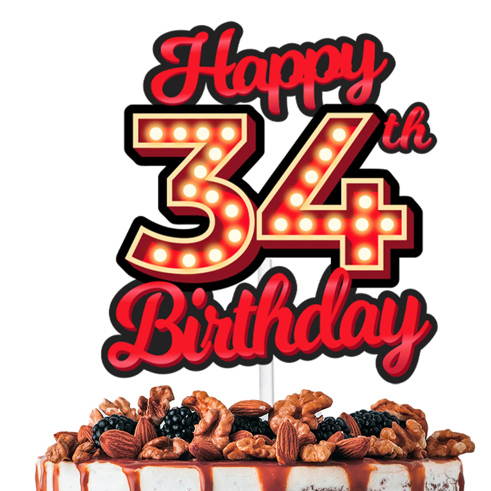 Happy 34th Birthday Cake Topper Fluorescent Flashing Night Out Hen Movie Nightclub Theme Decor Supplies Woman Man Happy Birthday