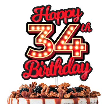 Happy 34th Birthday Cake Topper Fluorescent Flashing Night Out Hen Movie Nightclub Theme Decor Supplies Woman Man Happy Birthday