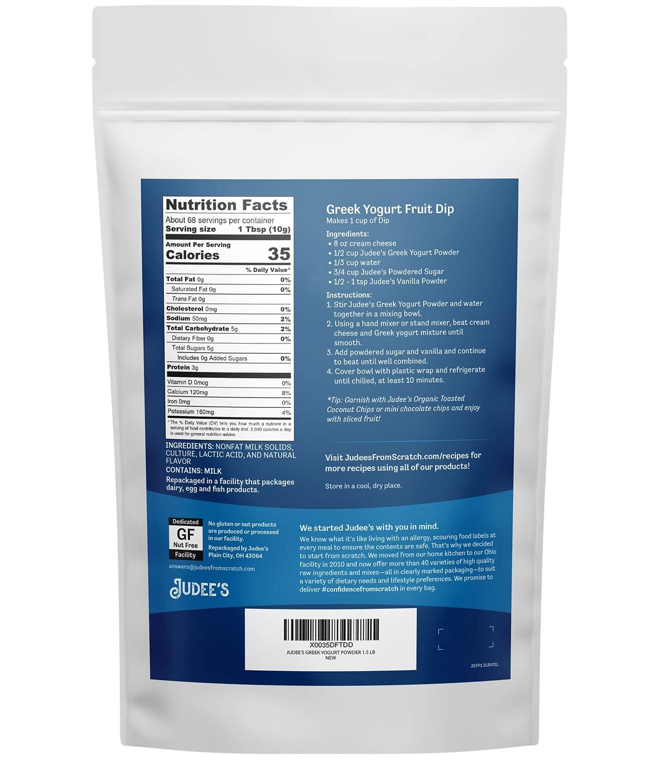 Judees Gluten Free Greek Yogurt Powder - Nut Free Instant Mix for Smoothies & Ice Cream - 24 Ounce (Pack of 1)