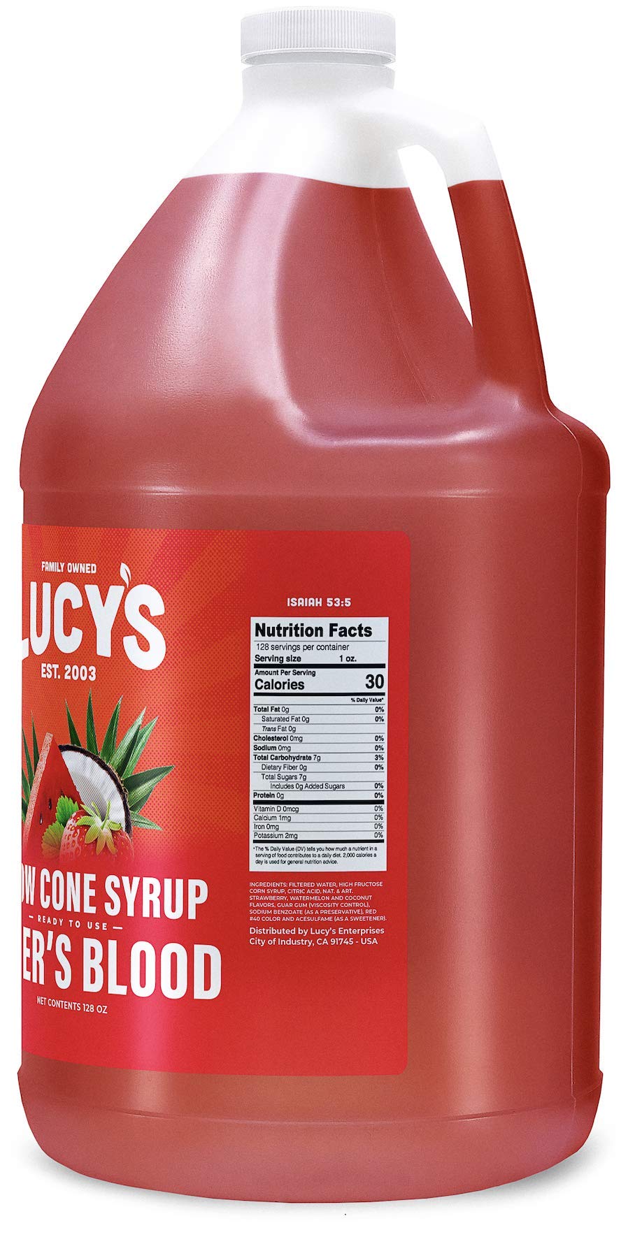 Lucy s Family Owned - Shaved Ice Snow Cone Syrup - 1 Gallon (128oz.) (Tiger s Blood)