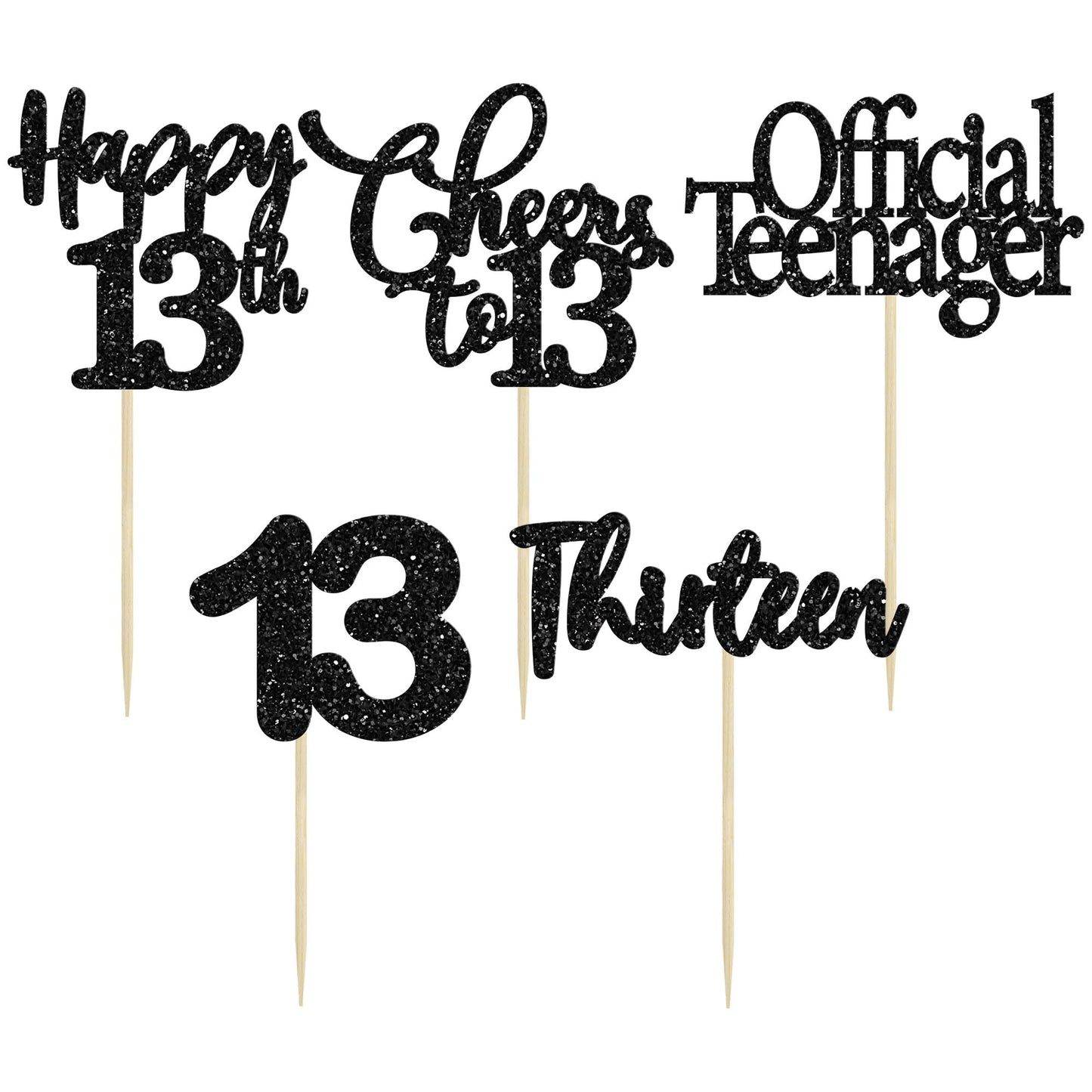 30 Pack Happy 13Th Birthday Cupcake Toppers Black Glitter 13 Official Teenager Cheers To 13 Years Old Birthday Cupcake Picks For